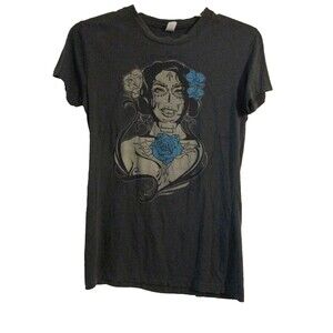 Day Of The Dead Woman Skull Skeleton Graphic Blue Rose Size Large Grey T-Shirt